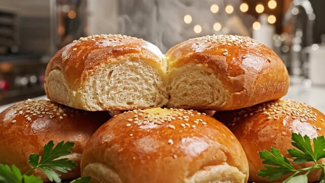 Freshly baked golden bread rolls sprinkled with seeds and garnished with green herbs on a wooden board