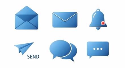 A collection of blue communication and notification icons including envelopes, a bell, a paper airplane, and speech bubbles on a white background.