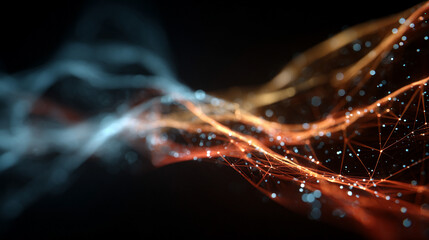 4K abstract dark background with glowing particles and lighting effects, enhanced with grain, conveying a futuristic cyber concept, digital energy, and high-tech visual atmosphere