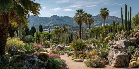 Fototapeta premium Vibrant succulent and cactus garden with mountain views
