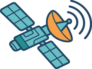 Teal and Orange Satellite Orbiting Earth Transmitting Signals with Solar Panels Extended