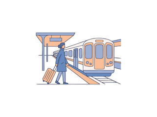 Modern Illustration of a Person with a Suitcase Walking Towards a Train at a Station Platform with Minimalist Design and Muted Colors