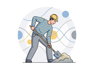 Construction Worker Digging Soil with Shovel Wearing Yellow Hard Hat and Striped Shirt in a Circular Illustration with Abstract Background Lines and Circles