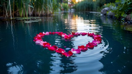Heart shape made of red rose petals floating on the surface of calm water in a garden pond at dusk