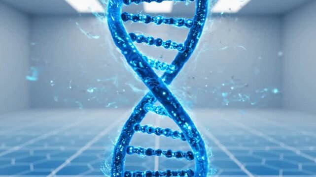 Animated blue DNA double helix spinning gracefully in a bright, clean laboratory - perfect for medical research, genetic engineering, or cutting-edge science visuals