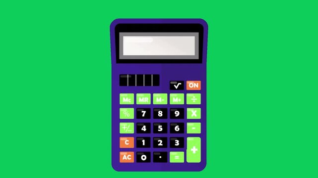 Illustration of a purple electronic calculator with a green screen displaying the number one against a solid green background