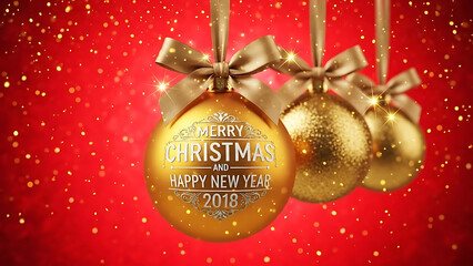 Golden Christmas Ornaments with Merry Christmas and Happy New Year 2018 Text image
