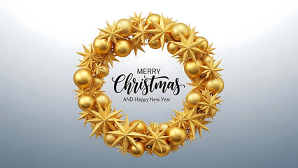 Golden Christmas wreath with star ornaments and text Merry Christmas Happy New Year holiday