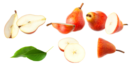 a detailed photograph showcasing several whole and sliced red pears and cross-sections, accompanied by a fresh green pear leaf, isolated on a clean transparent background.
