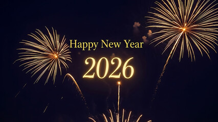 Golden Fireworks Display Celebrating Happy New Year 2026 in Dark Night Sky celebration