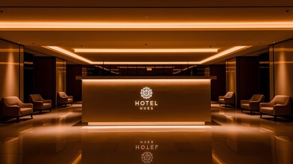 The luxurious and modern lobby of a hotel features a glowing reception desk with a stylized logo, surrounded by comfortable seating and ambient lighting