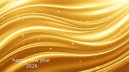 Golden flowing fabric with sparkling stars and happy new year 2026 text silk satin