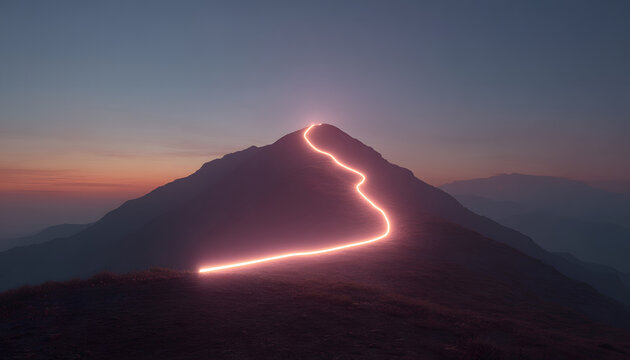 2026 goals illuminated neon typography glowing on mountain peak with winding light path and sunrise sky