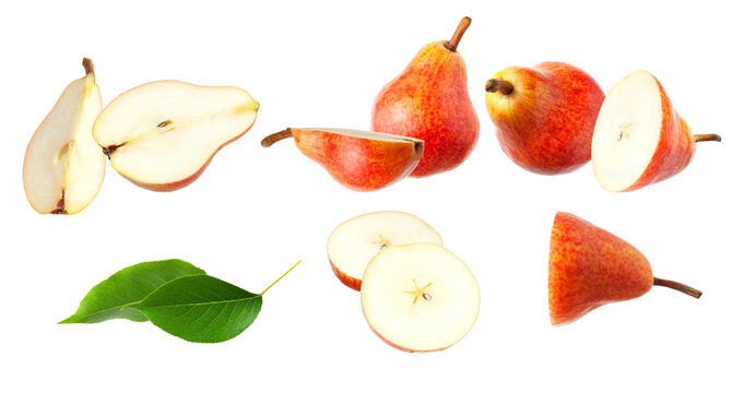 a detailed photograph showcasing several whole and sliced red pears and cross-sections, accompanied by a fresh green pear leaf, isolated on a clean transparent background. - Powered by Adobe
