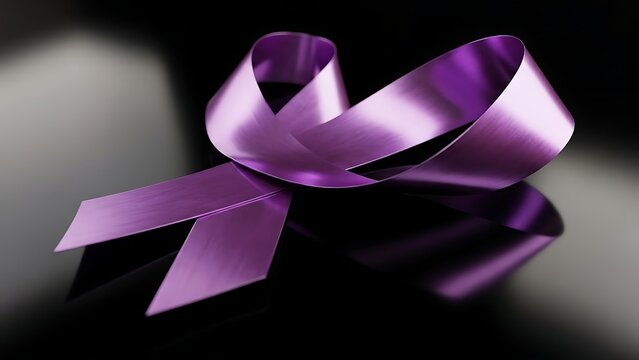 Purple awareness ribbon on a reflective black surface