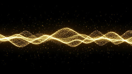 Golden glowing particles forming a wavy line against black background light wave