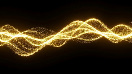 Golden glowing particle waves flowing across a dark black background light