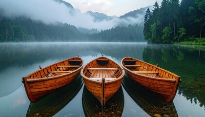 Three wooden boats float serenely on a calm lake, reflecting the surrounding mountains and trees shrouded in mist. The scene evokes a sense of peace and tranqui