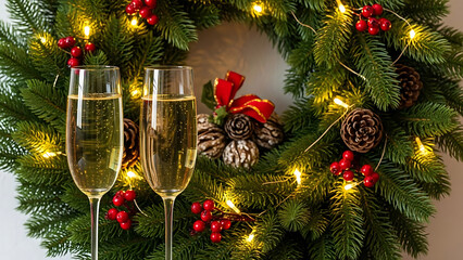Two champagne flutes filled with bubbly drink in front of a Christmas wreath image