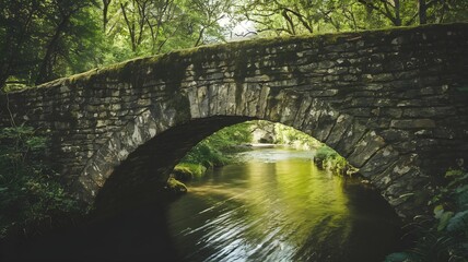 An old, mosscovered stone arch bridge spanning a gently flowing river in a lush, green forest, creating a picturesque and timeless scene