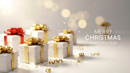 White Christmas gift boxes with gold and red ribbons and confetti image