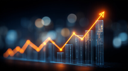 A digital progress concept shown through illuminated bar structures with an ascending line symbolizing data performance analytics and successful advancement.
