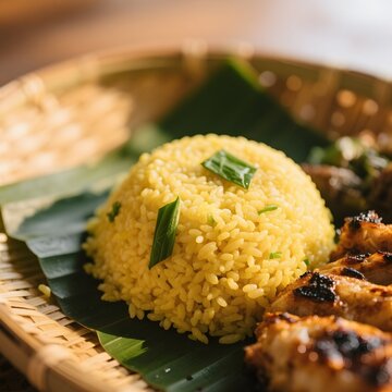 4k high quality Ai generative HD photo realistic menu selling restaurant eat dish food Indonesia traditional chicken rice vegetables nasi kuning yellow campur uduk plate rattan piring texture closeup