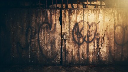 Grungy concrete wall with graffiti and rust, illuminated by a warm light, creating a dark and moody urban atmosphere