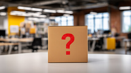 A cardboard box marked with a question symbol representing mystery uncertainty choice curiosity and decision making within commercial and personal contexts.
