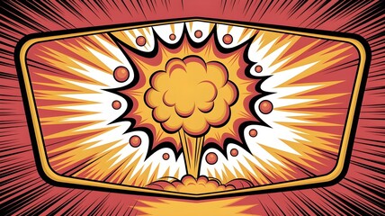 Comic book style explosion with bright yellow and orange rays emanating from a central mushroom cloud, framed by a black and yellow border, evoking action and impact
