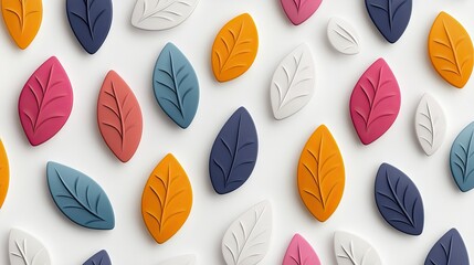 A repeating pattern of colorful stylized leaves on a white background. The leaves are in various shades of orange, pink, blue, and white.