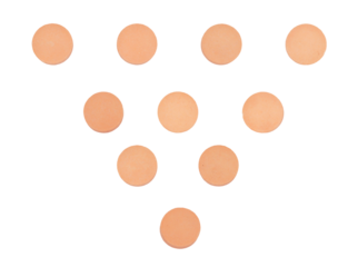 detailed photograph of ten small, round, peach-colored medicinal pills or tablets arranged geometrically in a pyramid shape, isolated on black.