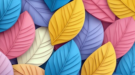 A close-up view of a pattern of colorful, stylized leaves in shades of blue, pink, yellow, and purple. The leaves overlap, creating a textured, decorative backg