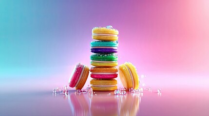 A stack of colorful macarons with a leaning macaron and scattered decorative elements on a reflective surface against a gradient background.