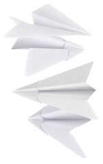 studio photograph of two classic white paper airplanes stacked together, suggesting flight and...