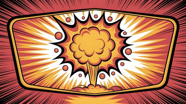 Comic book style explosion with bright yellow and orange rays emanating from a central mushroom cloud, framed by a black and yellow border, evoking action and impact
