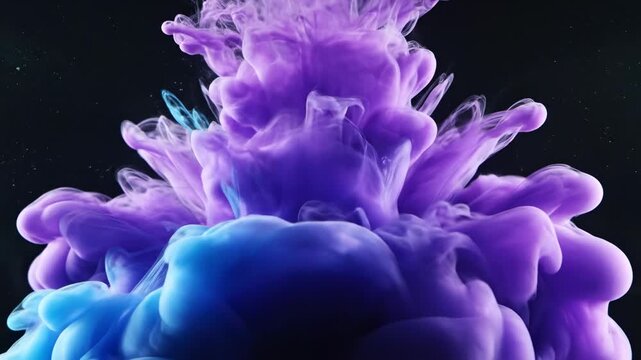 Mesmerizing slow-motion diffusion of vibrant purple and cyan ink expanding dynamically in clear liquid creating an evolving cosmic nebula background vortex, background, depth