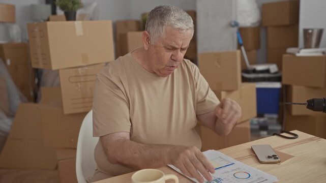 Man rubbing neck and holding lower back at a table with documents, smartphone and drill among stacked moving boxes in building; moving stress fatigue.