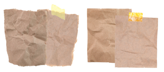 two distinct compositions featuring wrinkled brown craft paper scraps adhered with yellow masking tape, isolated on a transparent background.