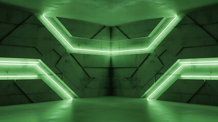 Empty square room with cement background with green neon lights