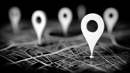 A detailed navigation concept showing multiple map markers on a city layout symbolizing location strategy direction and coordinated movement.
