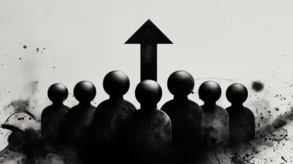 A symbolic leadership concept showing a central arrow rising above a group representing collective progress direction and unified growth.
