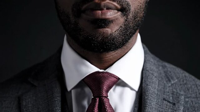 Man wearing formal suit and tie professional attire close up shot dark background business clothing