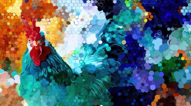 An abstract painting of a rooster with vibrant colors and a mosaic-like texture.