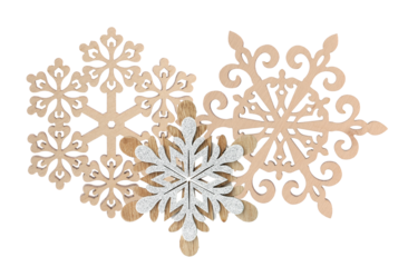 close-up photograph of a cluster of ornate wooden and glitter christmas snowflake ornaments, featuring detailed patterns, isolated on a transparent background.