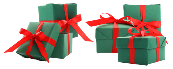 dynamic grouping of five holiday gift boxes in traditional dark green paper, tied with bright red ribbons and bows, isolated against a transparent background.