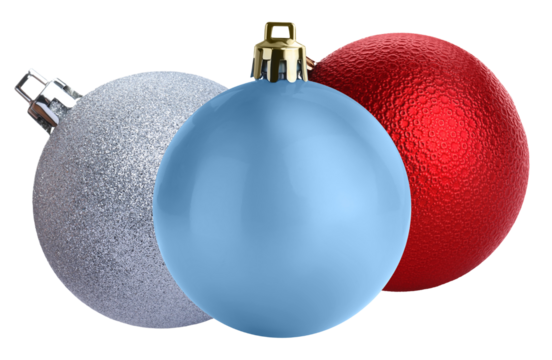 large, colorful christmas baubles trio arrangement: silver glitter, light blue matte, and red textured finish photograph.