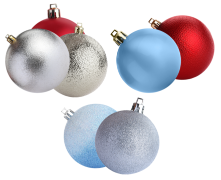 assortment of colorful christmas baubles and ornaments featuring varying textures and finishes, isolated on transparent background.