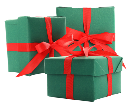 photograph of three elegant holiday gift boxes wrapped in solid forest green paper and securely tied with vivid red satin bows, isolated on black. - Powered by Adobe