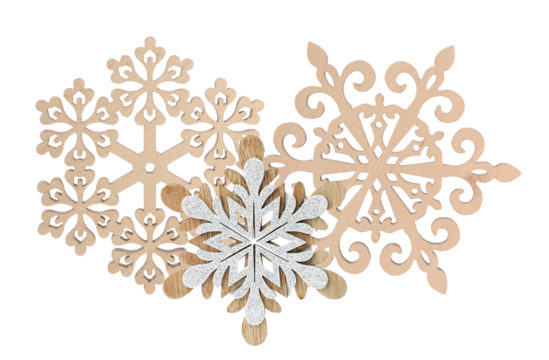 close-up photograph of a cluster of ornate wooden and glitter christmas snowflake ornaments, featuring detailed patterns, isolated on a transparent background.